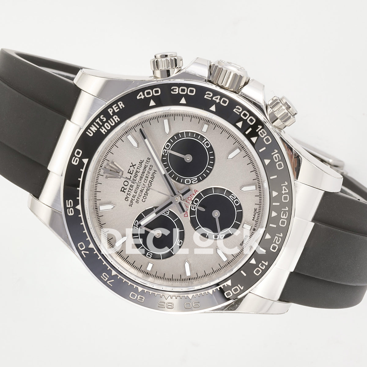 Rolex Daytona 126519 ARF replica - opposite horizontal view of original grey textured dial, black chronograph counters and black Oysterflex strap