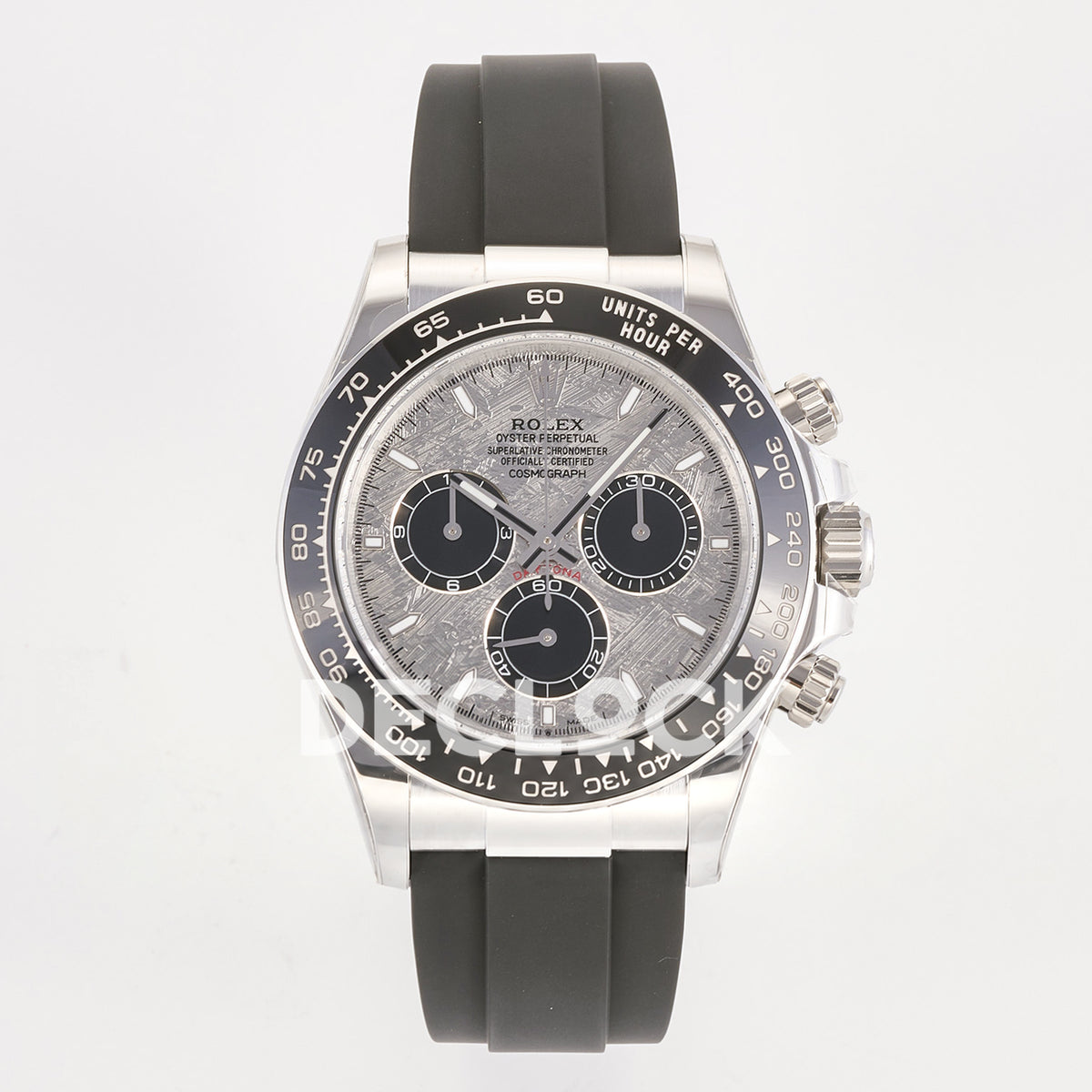 Rolex Daytona 126519 ARF replica - front view of grey meteorite-pattern dial with black chronograph counters and black Oysterflex strap