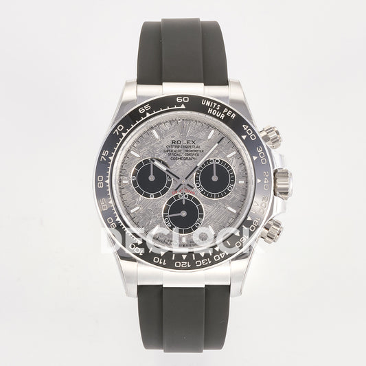 Rolex Daytona 126519 ARF replica - front view of grey meteorite-pattern dial with black chronograph counters and black Oysterflex strap
