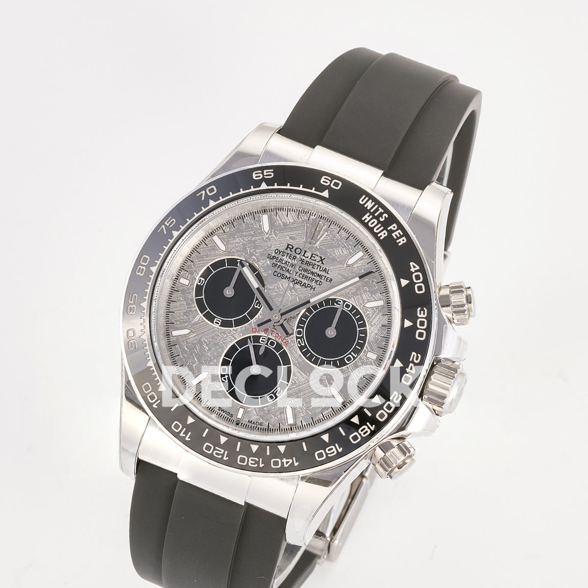 Rolex Daytona 126519 ARF replica - angled front view of grey meteorite-pattern dial with black chronograph counters and black ceramic tachymeter bezel