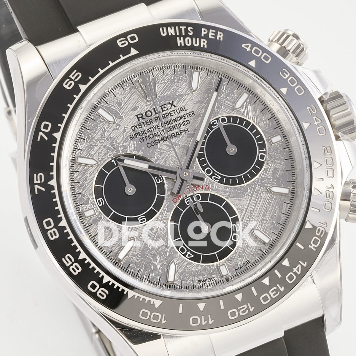 Rolex Daytona 126519 ARF replica - angled grey meteorite-pattern dial with black chronograph counters close-up