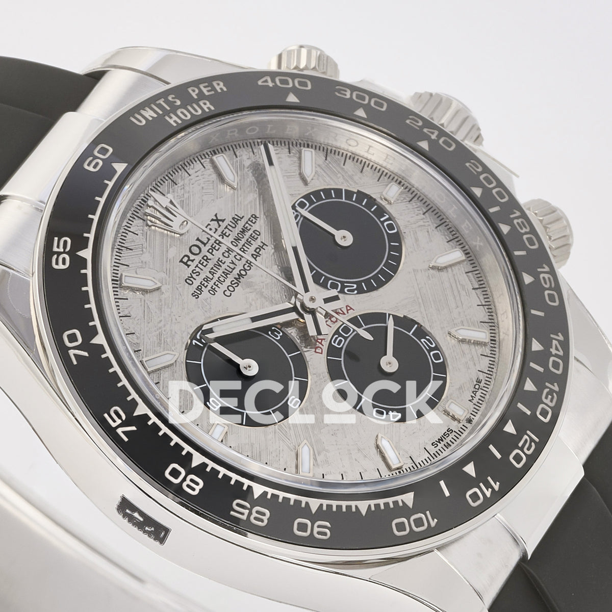Rolex Daytona 126519 ARF replica - grey meteorite-pattern dial with black chronograph counters, luminous baton markers and tachymeter detail