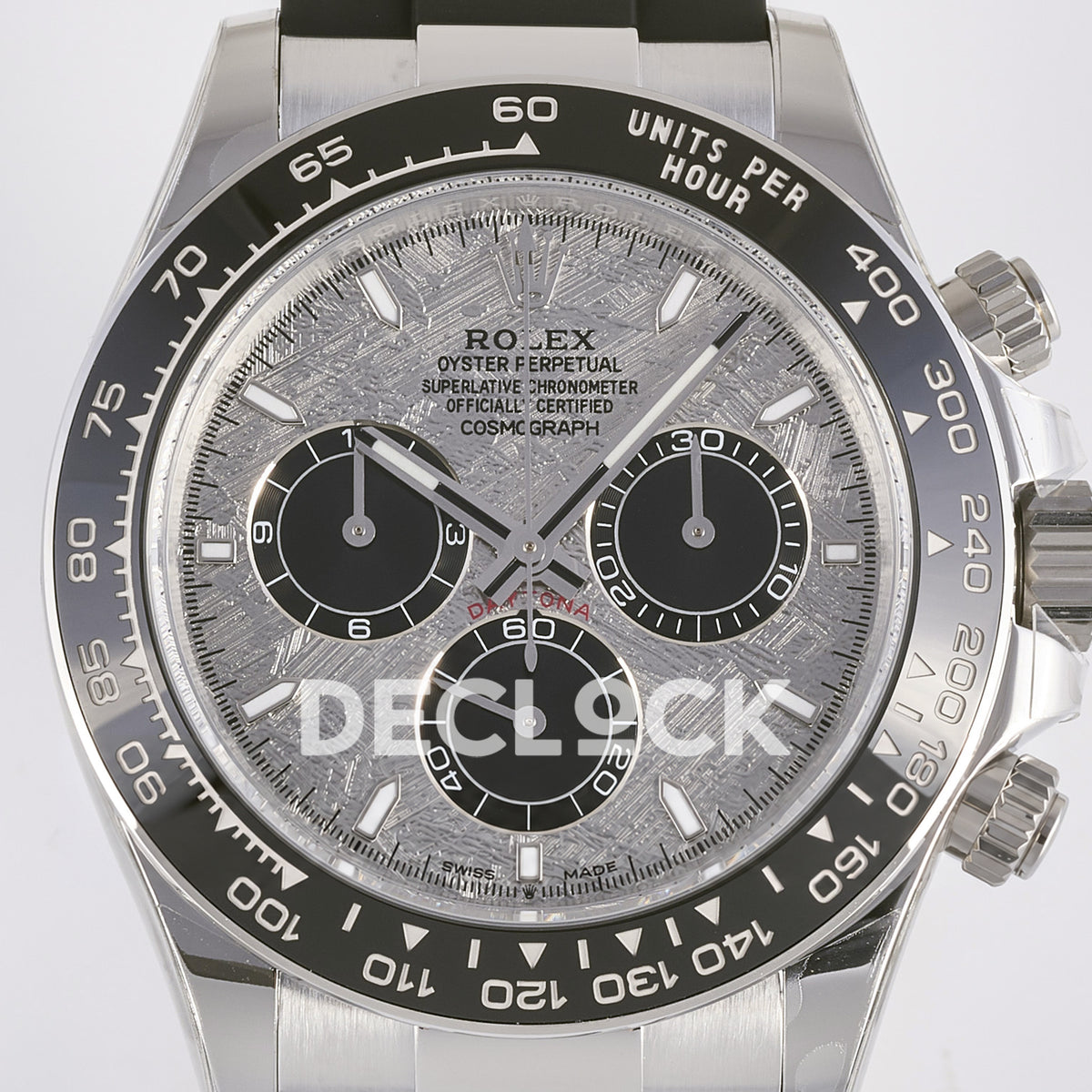 Rolex Daytona 126519 ARF replica - original grey meteorite-pattern dial, black chronograph counters, silver hands and luminous baton markers, black ceramic tachymeter bezel and black Oysterflex strap
