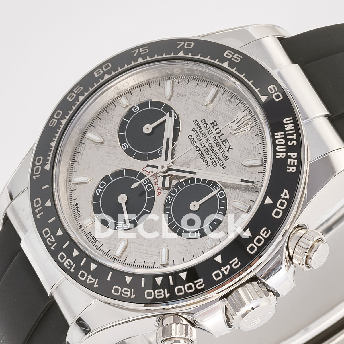 Rolex Daytona 126519 ARF replica - original grey meteorite-pattern dial, black chronograph counters, silver hands and luminous baton markers, black ceramic tachymeter bezel and black Oysterflex strap