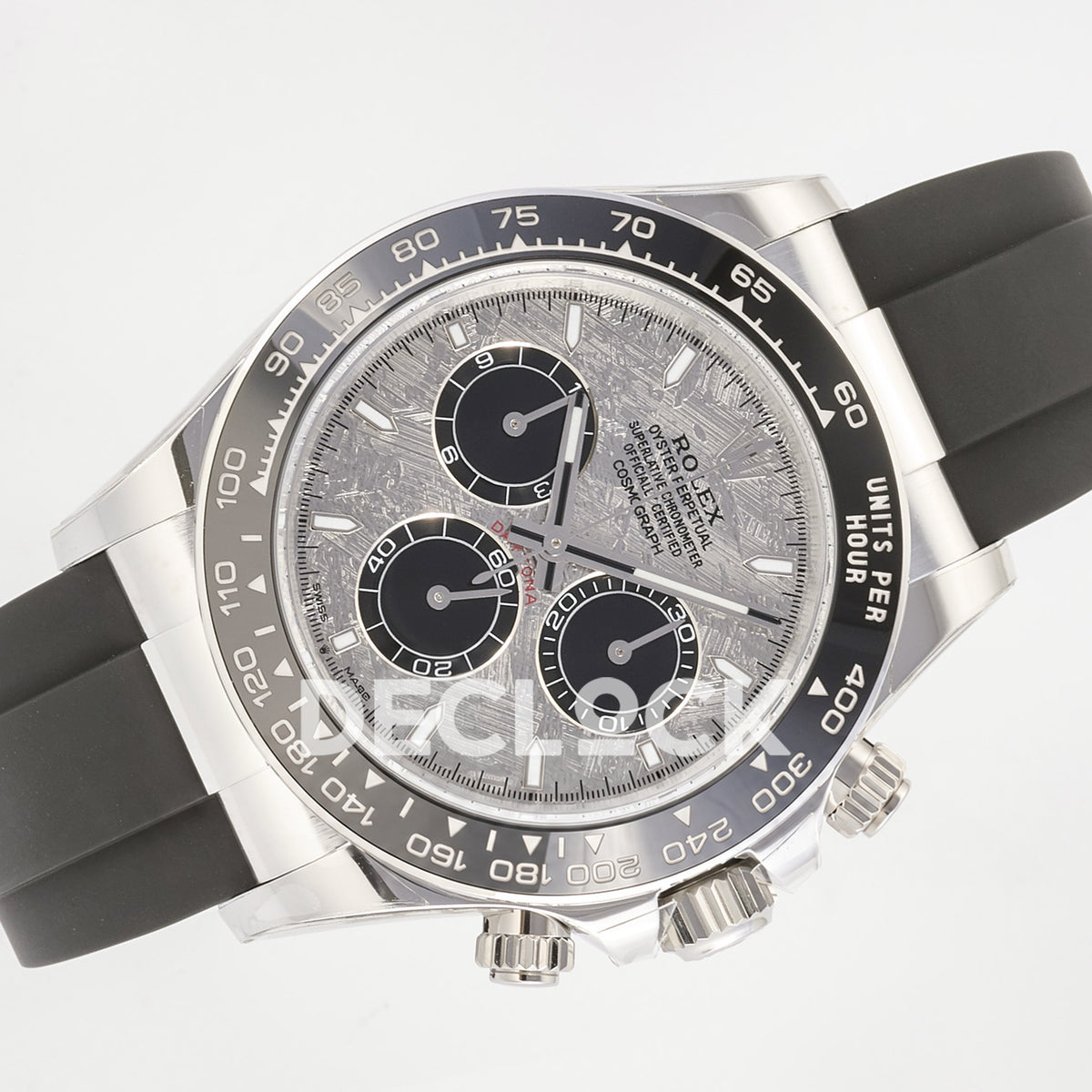 Rolex Daytona 126519 ARF replica - original grey meteorite-pattern dial, black chronograph counters, silver hands and luminous baton markers, black ceramic tachymeter bezel and black Oysterflex strap