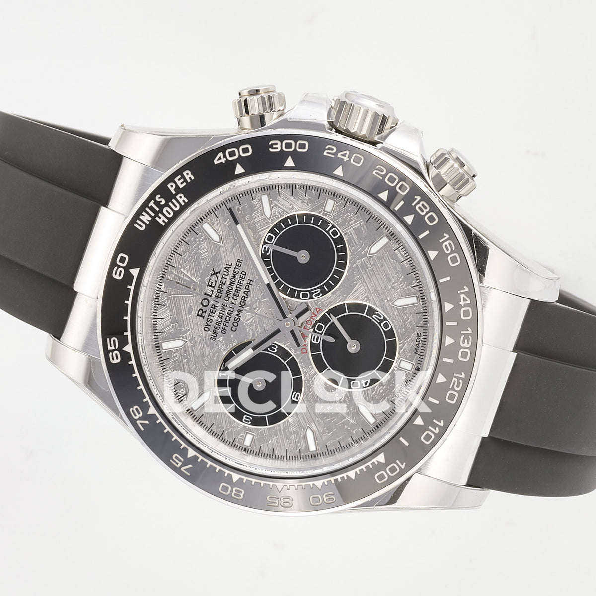Rolex Daytona 126519 ARF replica - original grey meteorite-pattern dial, black chronograph counters, silver hands and luminous baton markers, black ceramic tachymeter bezel and black Oysterflex strap