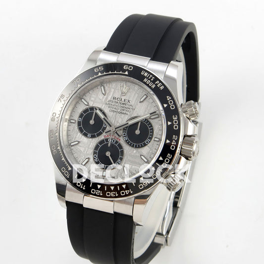 Rolex Daytona 126519 Clean Plus replica - angled front view of white-gold-finish case and Oysterflex strap