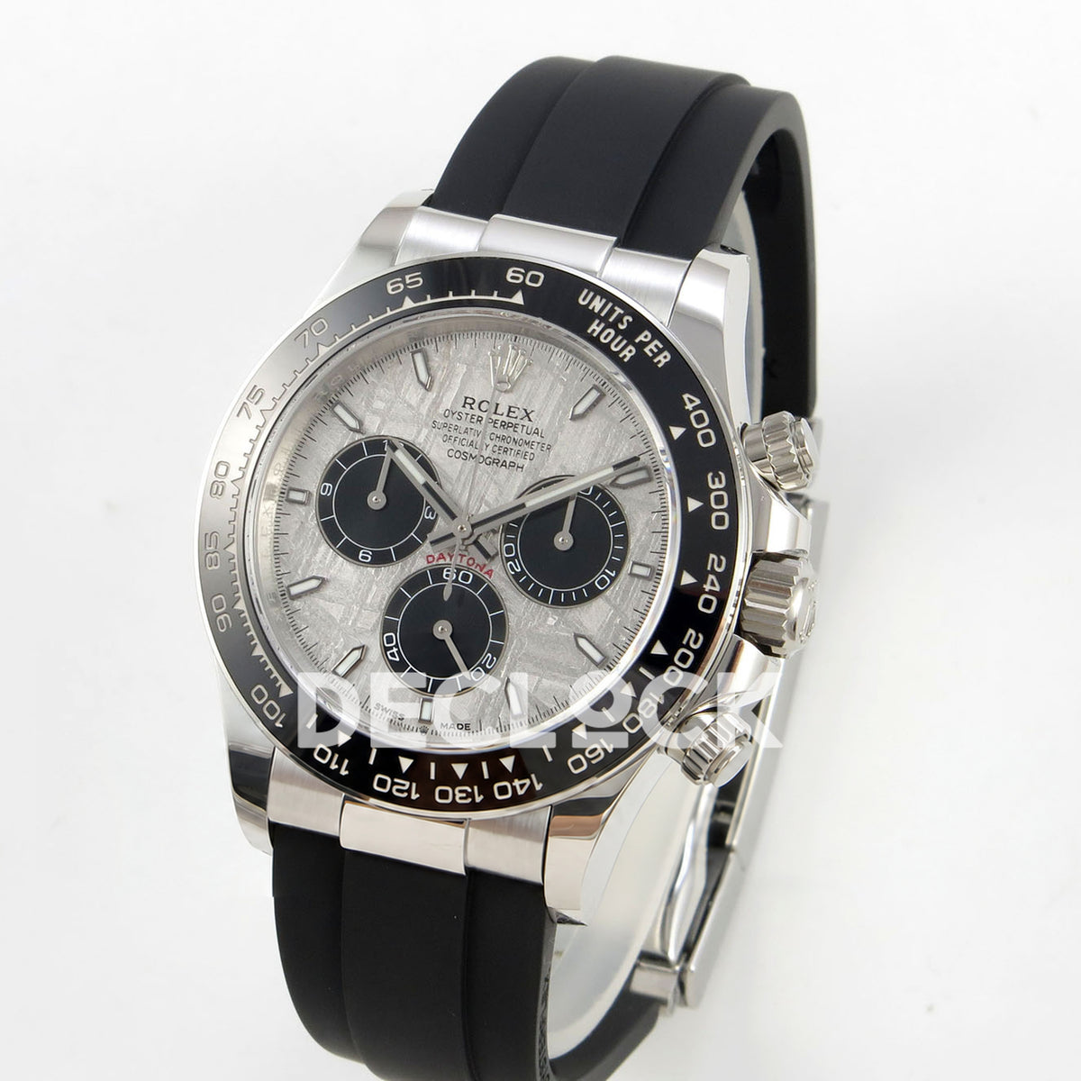Rolex Daytona 126519 Clean Plus replica - angled front view of white-gold-finish case and Oysterflex strap