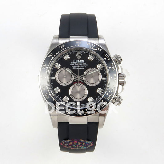 Rolex Daytona 126519 VF replica - front view of black dial, silver counters and black Oysterflex strap