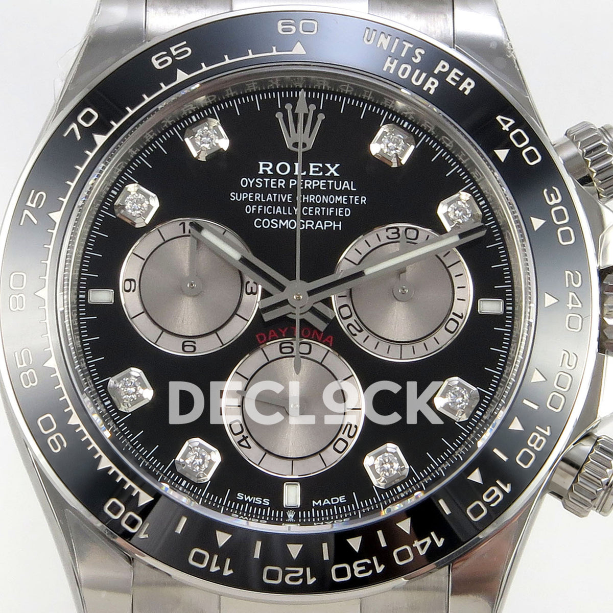 Rolex Daytona 126519 VF replica - black dial with silver chronograph counters and decorative stone hour markers