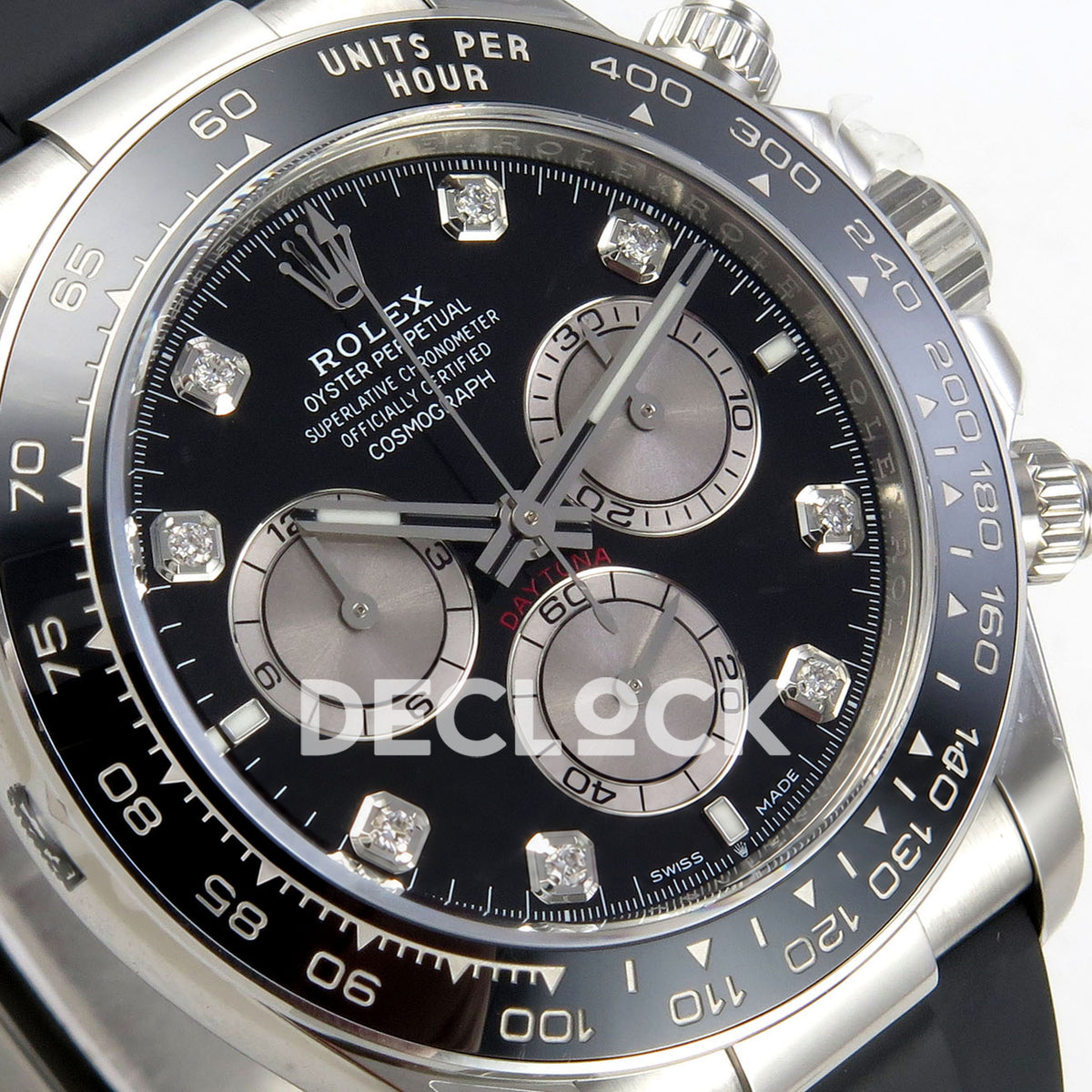 Rolex Daytona 126519 VF replica - angled black dial and silver counters close-up