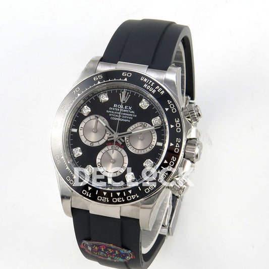 Rolex Daytona 126519 VF replica - angled front view of black dial with silver counters, stone hour markers and black Oysterflex strap