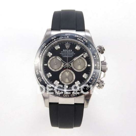 Rolex Daytona 126519 VSF replica - front view of black dial with gem-style markers and silver-tone subdials