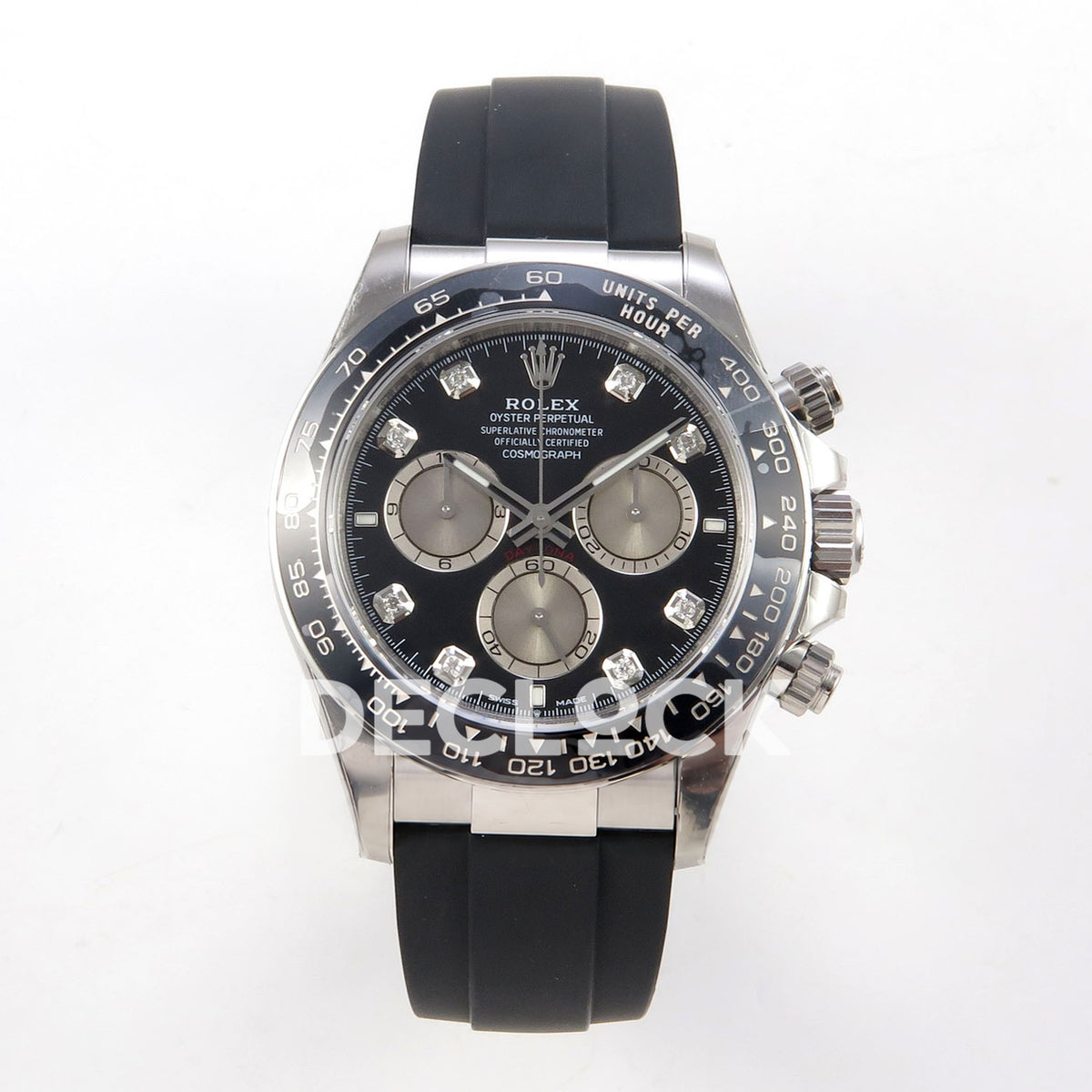 Rolex Daytona 126519 VSF replica - front view of black dial with gem-style markers and silver-tone subdials