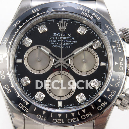 Rolex Daytona 126519 VSF replica - black dial with decorative gem-style hour markers close-up