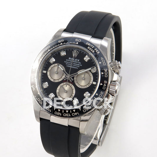 Rolex Daytona 126519 VSF replica - angled front view of stainless-steel case and black Oysterflex-style strap