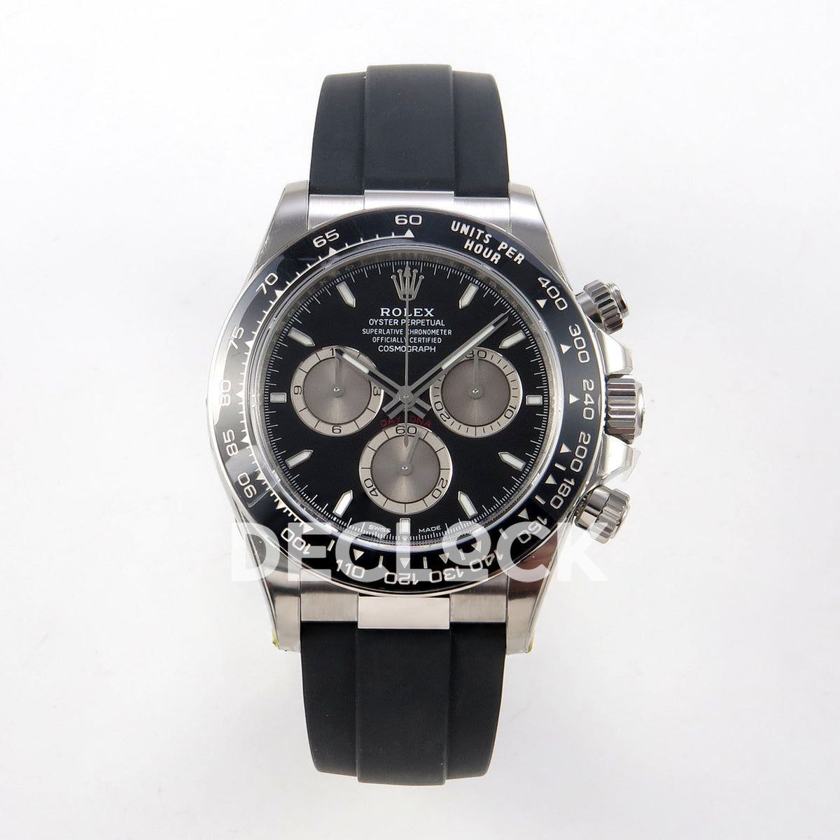 Rolex Daytona 126519 VSF replica - front view of black dial, silver-tone subdials and black Oysterflex-style strap