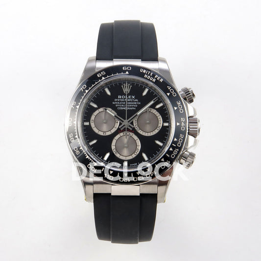 Rolex Daytona 126519 VSF replica - front view of black dial, silver-tone subdials and black Oysterflex-style strap