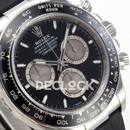 Rolex Daytona 126519 VSF replica - angled black and silver dial close-up