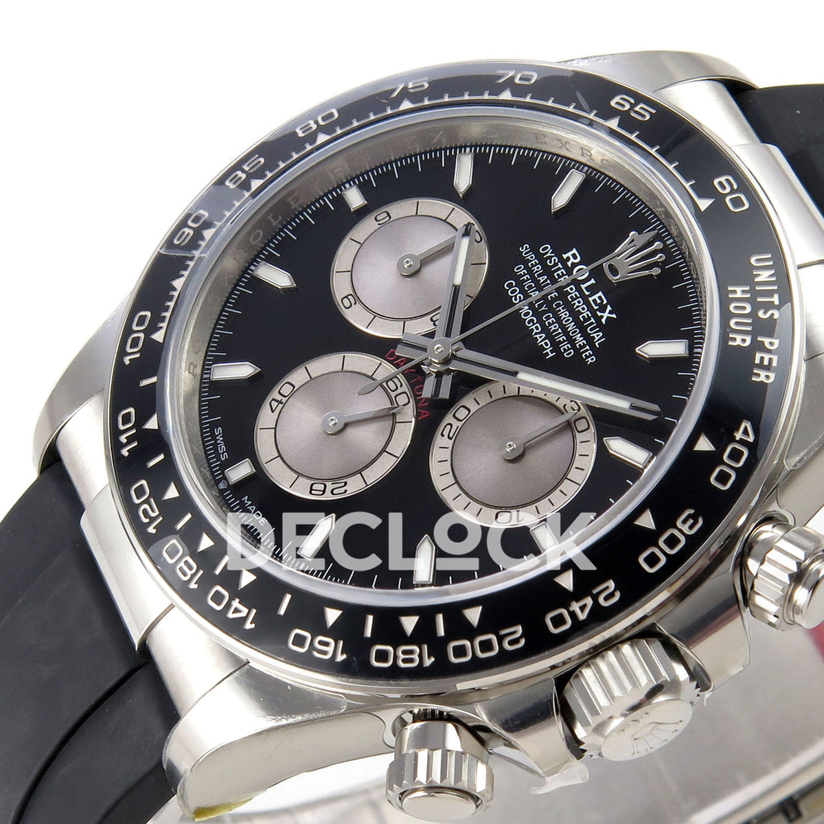 Rolex Daytona 126519 VSF replica - black and silver dial and ceramic tachymeter bezel detail