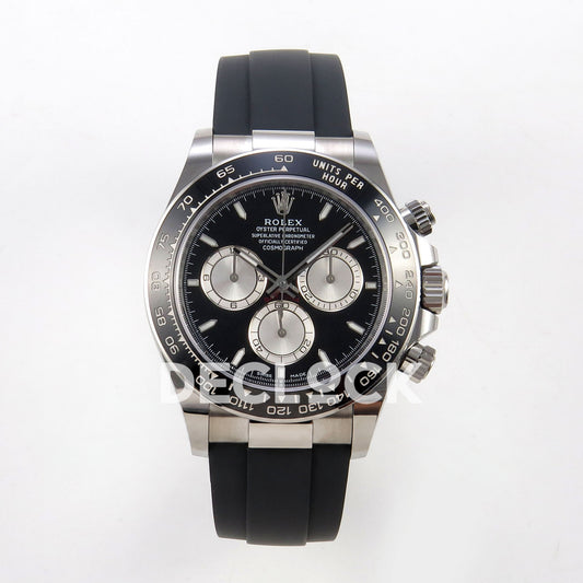 Rolex Daytona 126519 WF JH4131 black silver dial white-gold-style replica - front view of black dial, silver subdials, luminous stick markers and Oysterflex strap