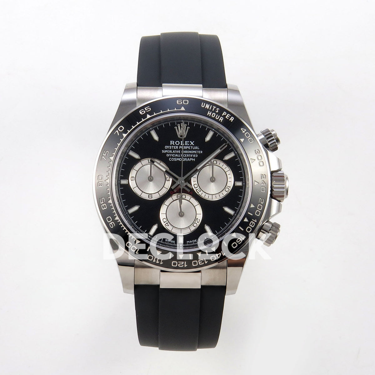 Rolex Daytona 126519 WF JH4131 black silver dial white-gold-style replica - front view of black dial, silver subdials, luminous stick markers and Oysterflex strap