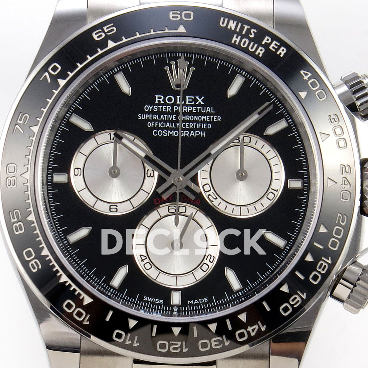 Rolex Daytona 126519 WF JH4131 black silver dial white-gold-style replica - black dial with silver sunburst chronograph subdials and luminous hour markers close-up