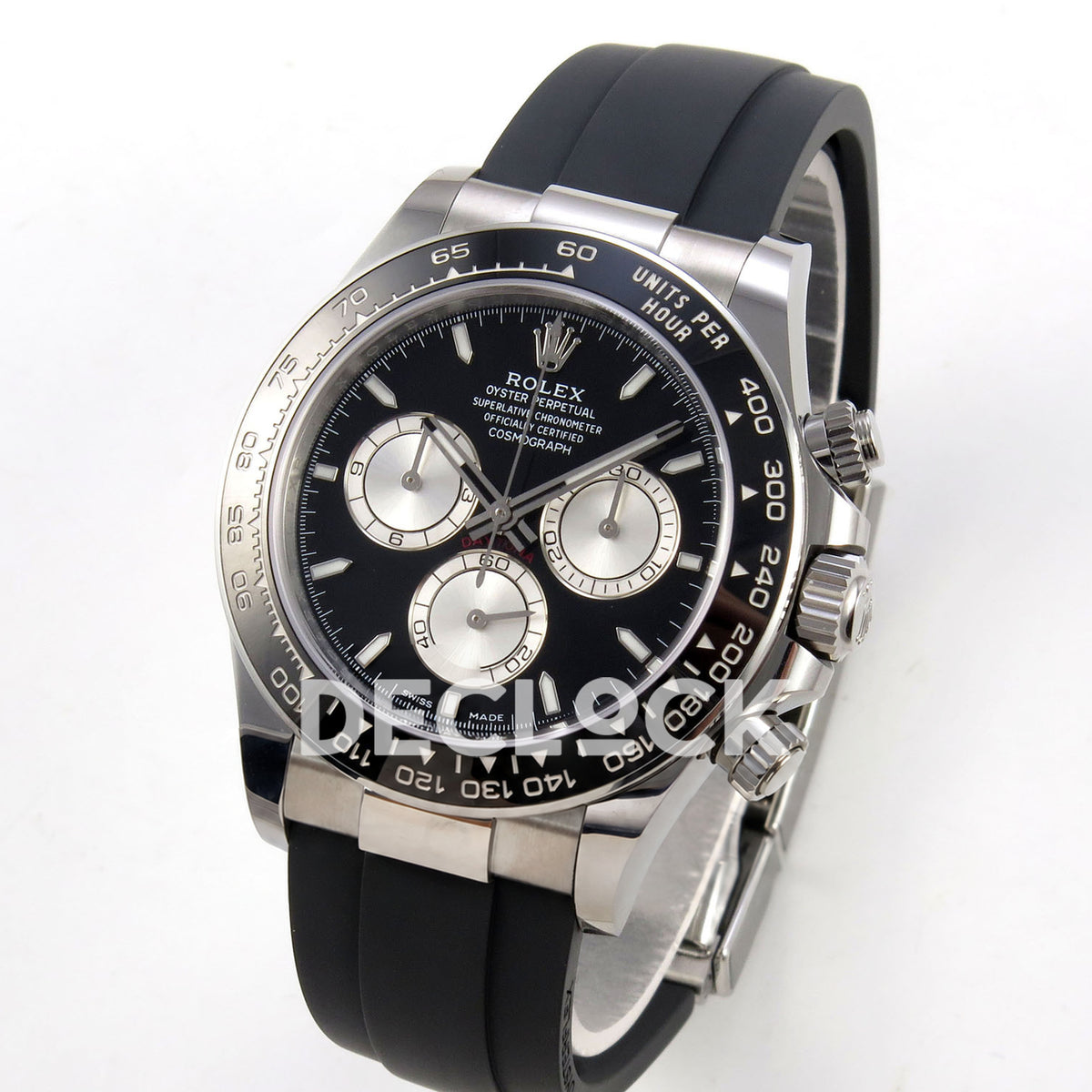 Rolex Daytona 126519 WF JH4131 black silver dial white-gold-style replica - angled front view of white-gold-style case and Oysterflex strap