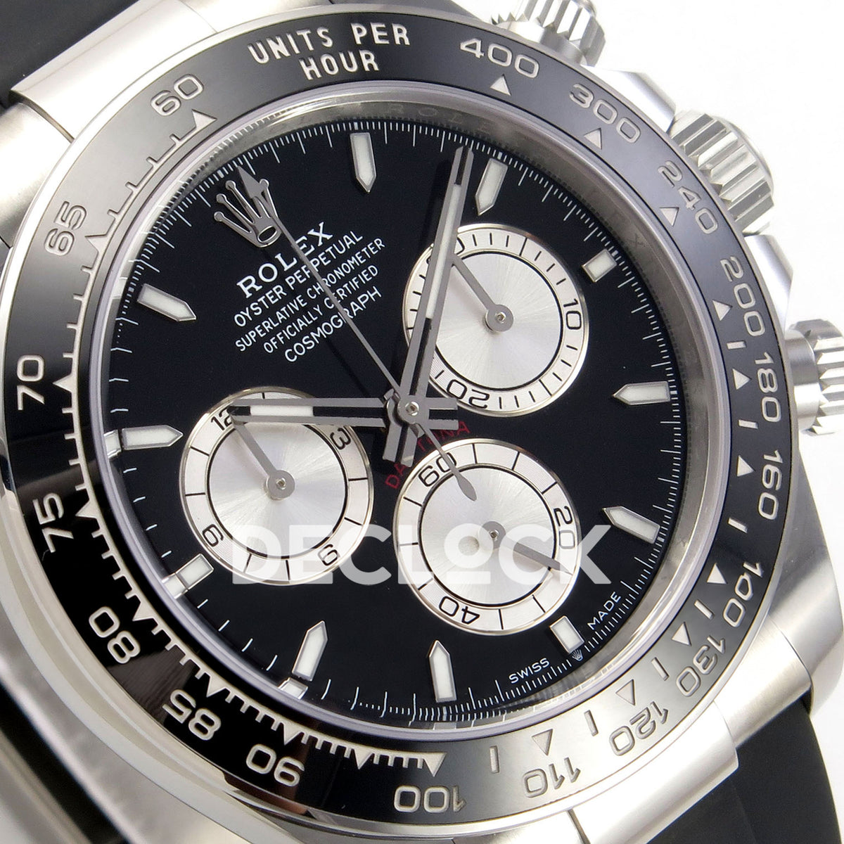 Rolex Daytona 126519 WF JH4131 black silver dial white-gold-style replica - angled black dial and silver chronograph subdials close-up