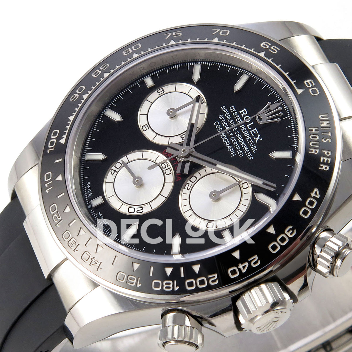 Rolex Daytona 126519 WF JH4131 black silver dial white-gold-style replica - horizontal dial detail with luminous markers and silver chronograph subdials