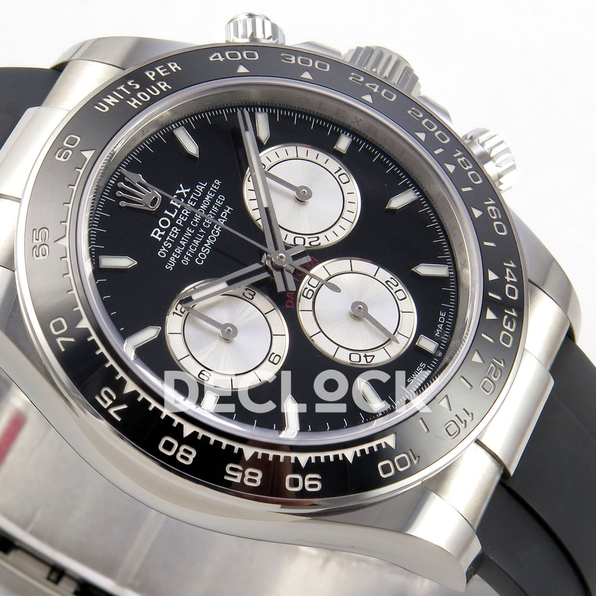 Rolex Daytona 126519 WF JH4131 black silver dial white-gold-style replica - opposite angled black dial and black ceramic tachymeter bezel