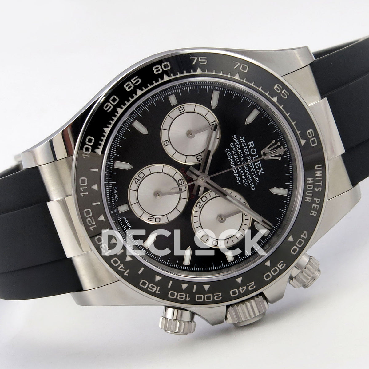 Rolex Daytona 126519 WF JH4131 black silver dial white-gold-style replica - horizontal front view with black Oysterflex rubber strap