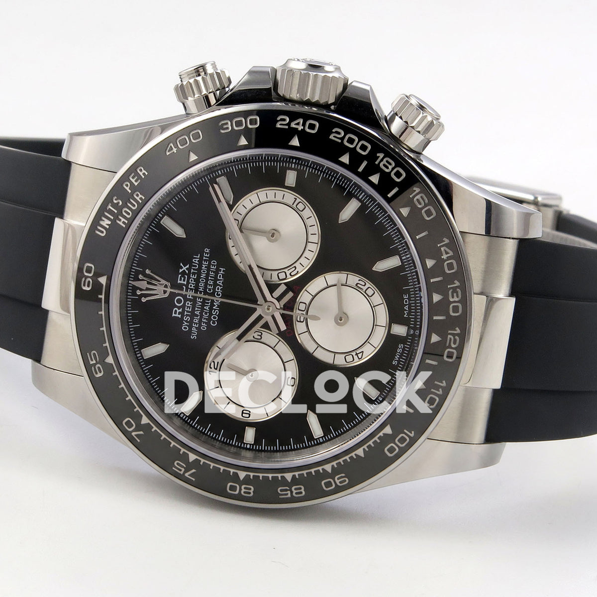 Rolex Daytona 126519 WF JH4131 black silver dial white-gold-style replica - opposite horizontal front angle with luminous stick hour markers