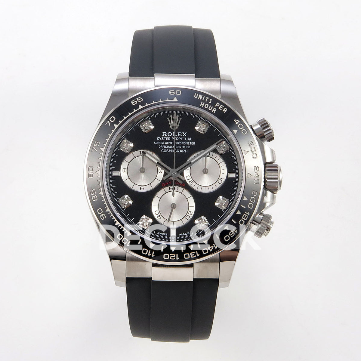 Rolex Daytona 126519 WF JH4131 black silver gem dial white-gold-style replica - front view of black dial, silver subdials, decorative gem markers and Oysterflex strap