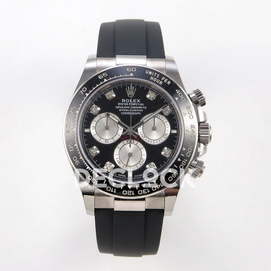 Rolex Daytona 126519 WF JH4131 black silver gem dial white-gold-style replica - front view of black dial, silver subdials, decorative gem markers and Oysterflex strap