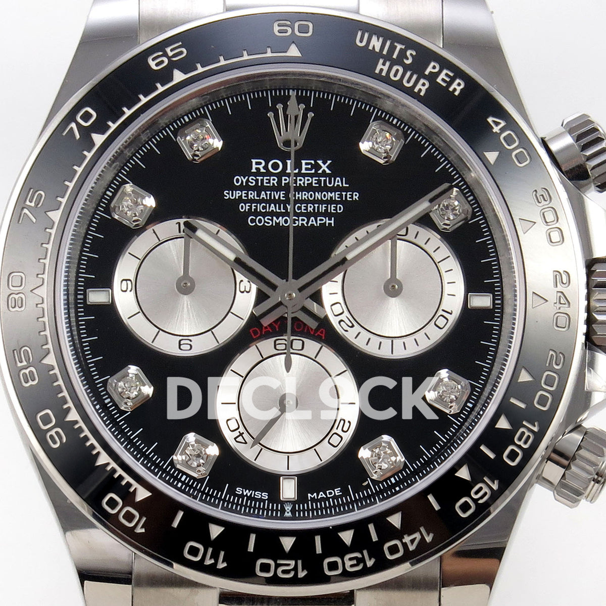 Rolex Daytona 126519 WF JH4131 black silver gem dial white-gold-style replica - black dial with silver sunburst chronograph subdials and decorative gem hour markers close-up