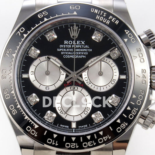 Rolex Daytona 126519 WF JH4131 black silver gem dial white-gold-style replica - black dial with silver sunburst chronograph subdials and decorative gem hour markers close-up