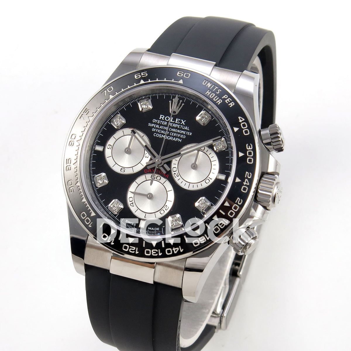 Rolex Daytona 126519 WF JH4131 black silver gem dial white-gold-style replica - angled front view of white-gold-style case and Oysterflex strap