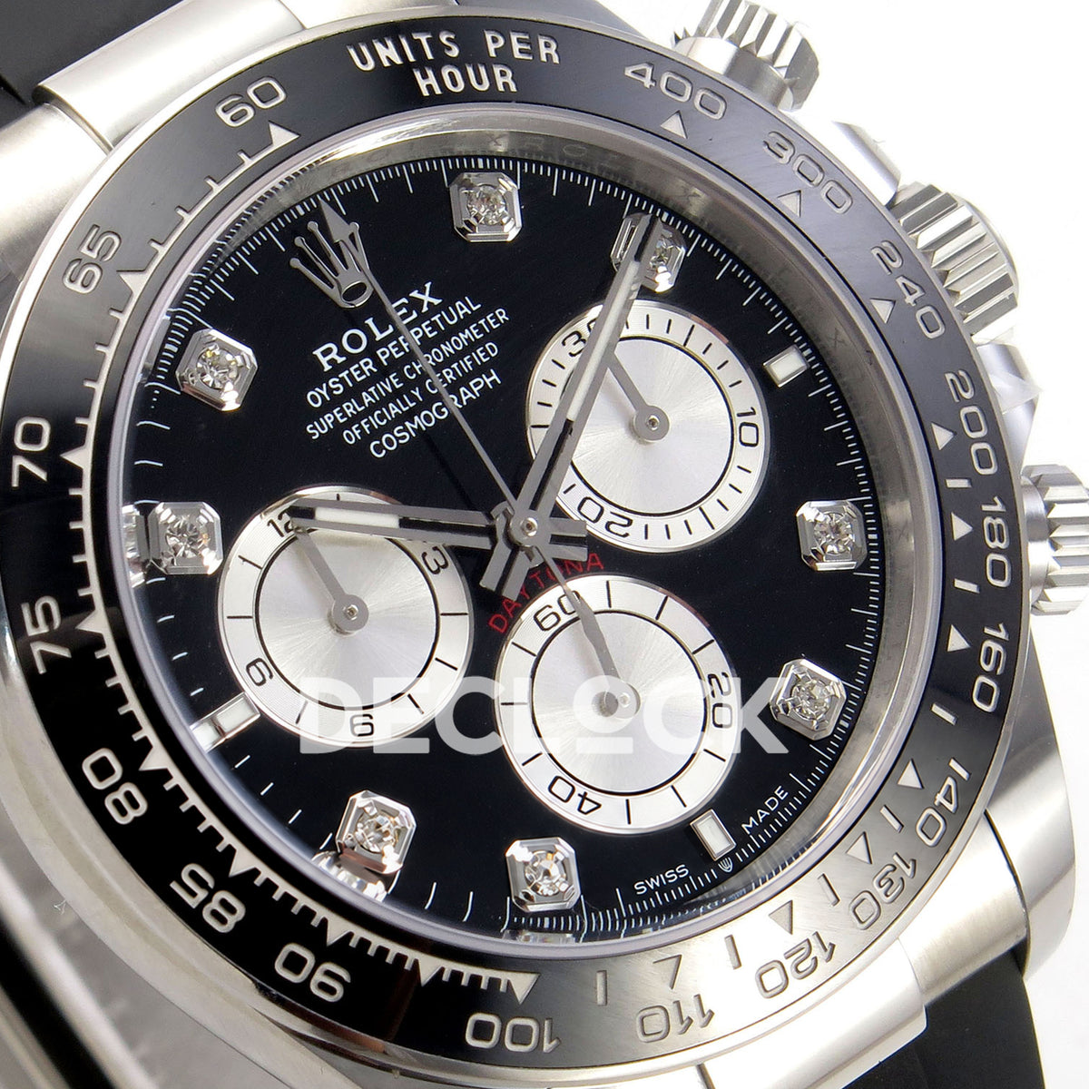 Rolex Daytona 126519 WF JH4131 black silver gem dial white-gold-style replica - angled black dial and silver chronograph subdials close-up