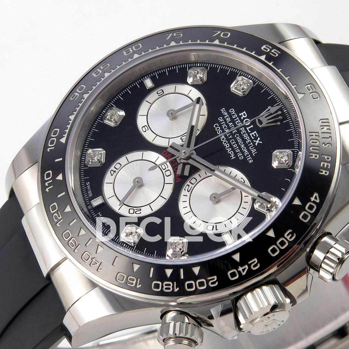 Rolex Daytona 126519 WF JH4131 black silver gem dial white-gold-style replica - horizontal dial detail with gem markers and silver chronograph subdials