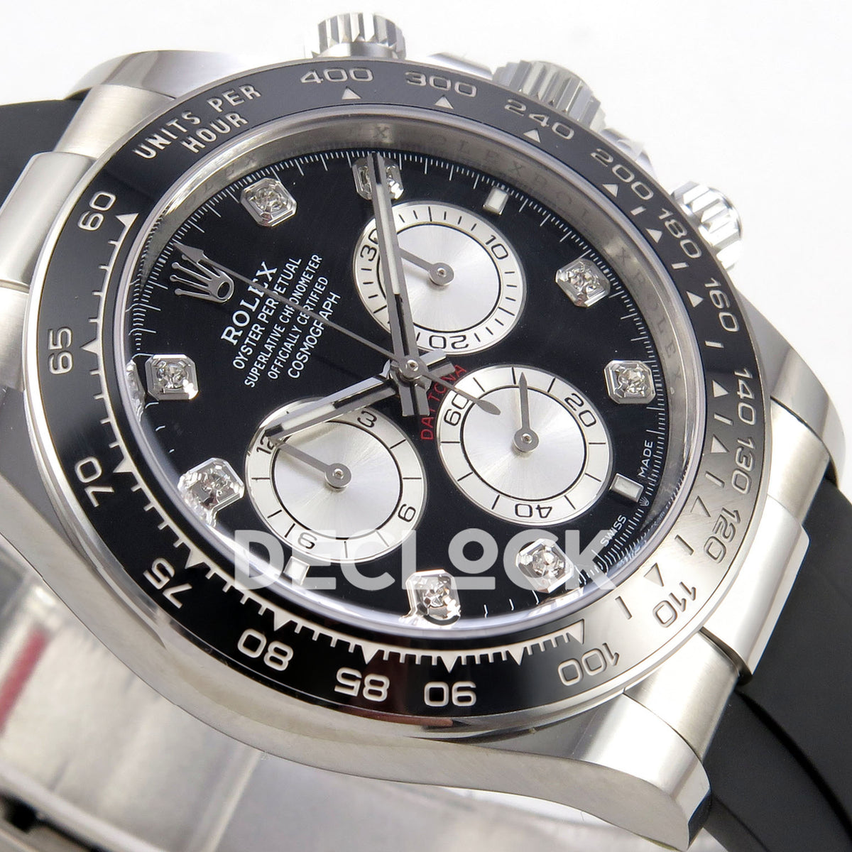 Rolex Daytona 126519 WF JH4131 black silver gem dial white-gold-style replica - opposite angled black dial and black ceramic tachymeter bezel