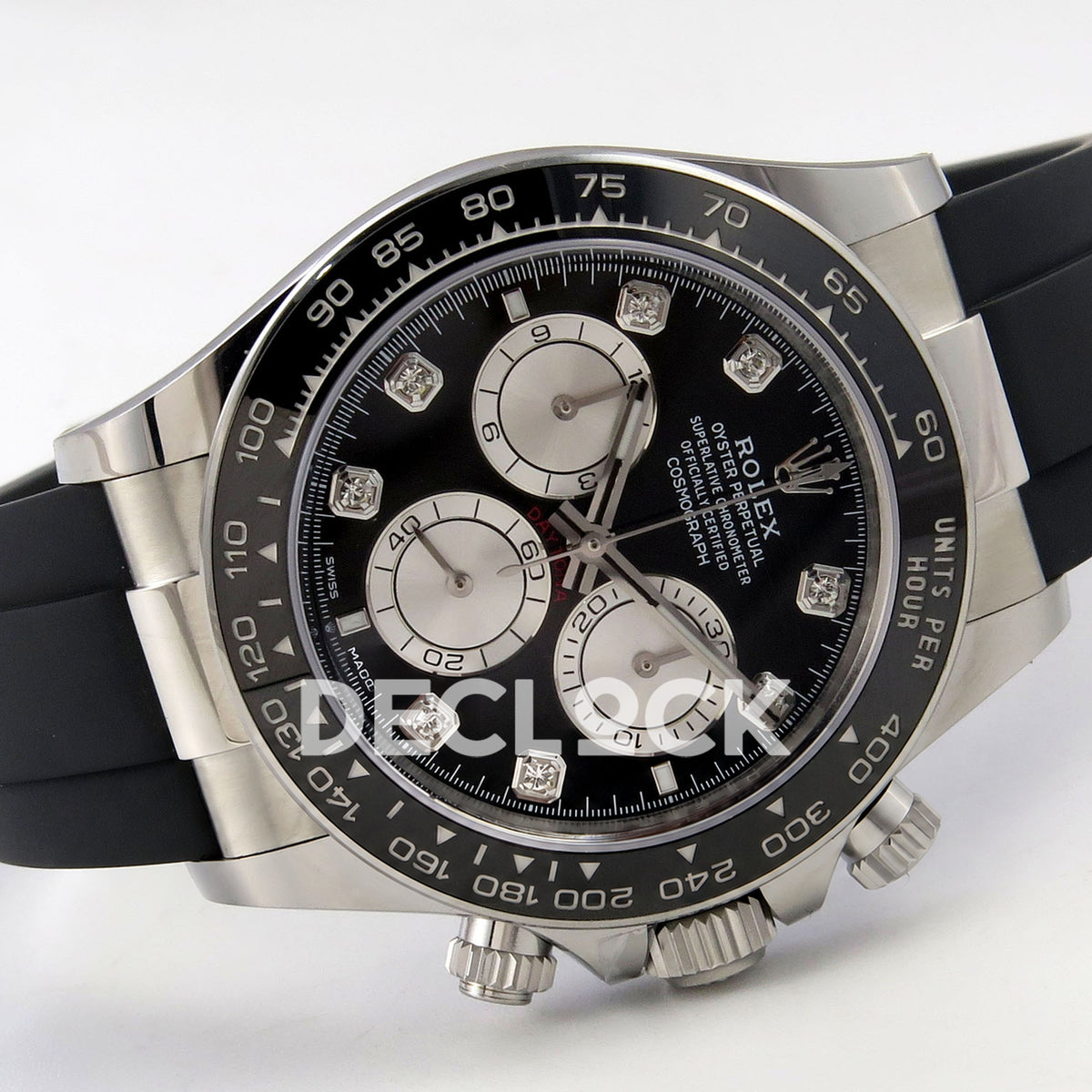 Rolex Daytona 126519 WF JH4131 black silver gem dial white-gold-style replica - horizontal front view with black Oysterflex rubber strap