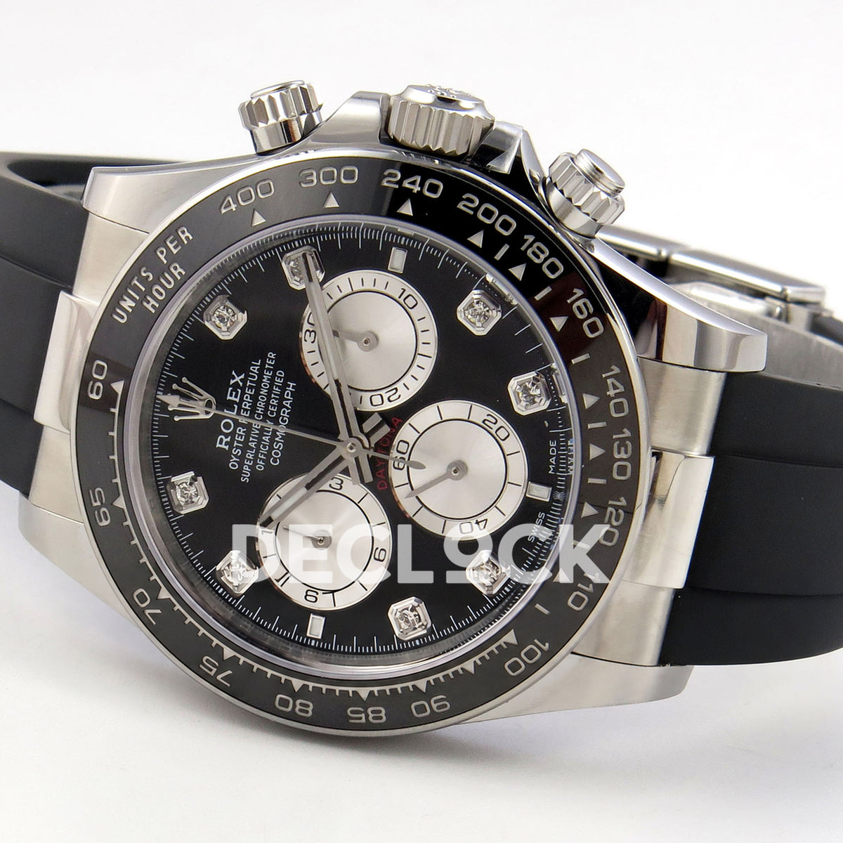 Rolex Daytona 126519 WF JH4131 black silver gem dial white-gold-style replica - opposite horizontal front angle with decorative gem markers