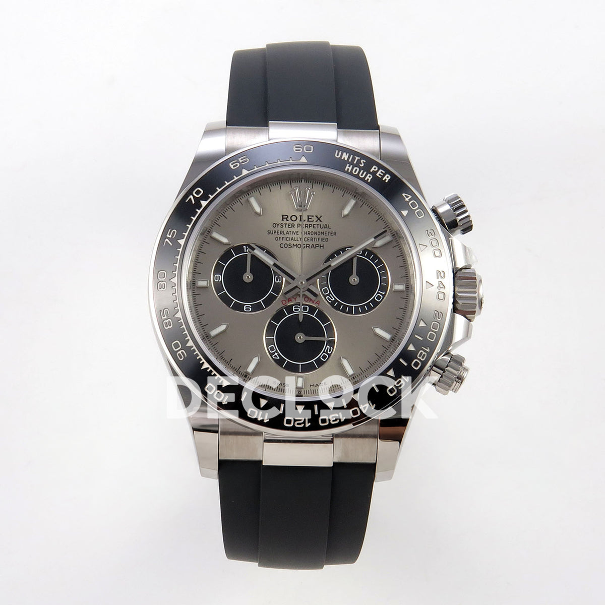 Rolex Daytona 126519 WF JH4131 grey black dial white-gold-style replica - front view of grey dial, black subdials, luminous stick markers and Oysterflex strap