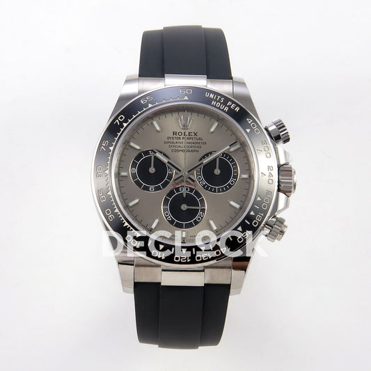 Rolex Daytona 126519 WF JH4131 grey black dial white-gold-style replica - front view of grey dial, black subdials, luminous stick markers and Oysterflex strap