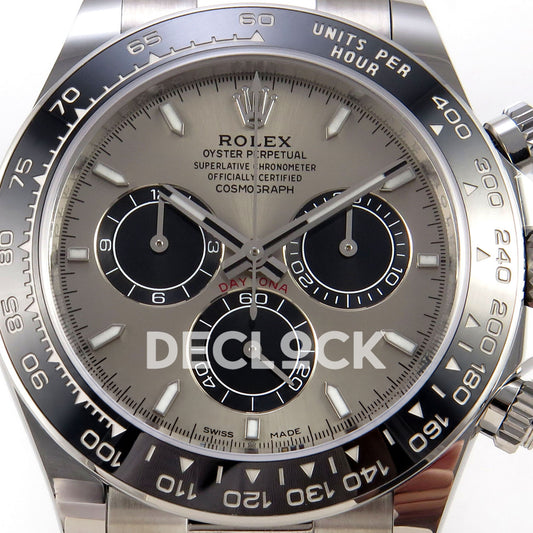 Rolex Daytona 126519 WF JH4131 grey black dial white-gold-style replica - grey sunburst dial with black chronograph subdials and luminous hour markers close-up