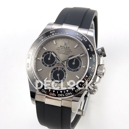 Rolex Daytona 126519 WF JH4131 grey black dial white-gold-style replica - angled front view of white-gold-style case and Oysterflex strap