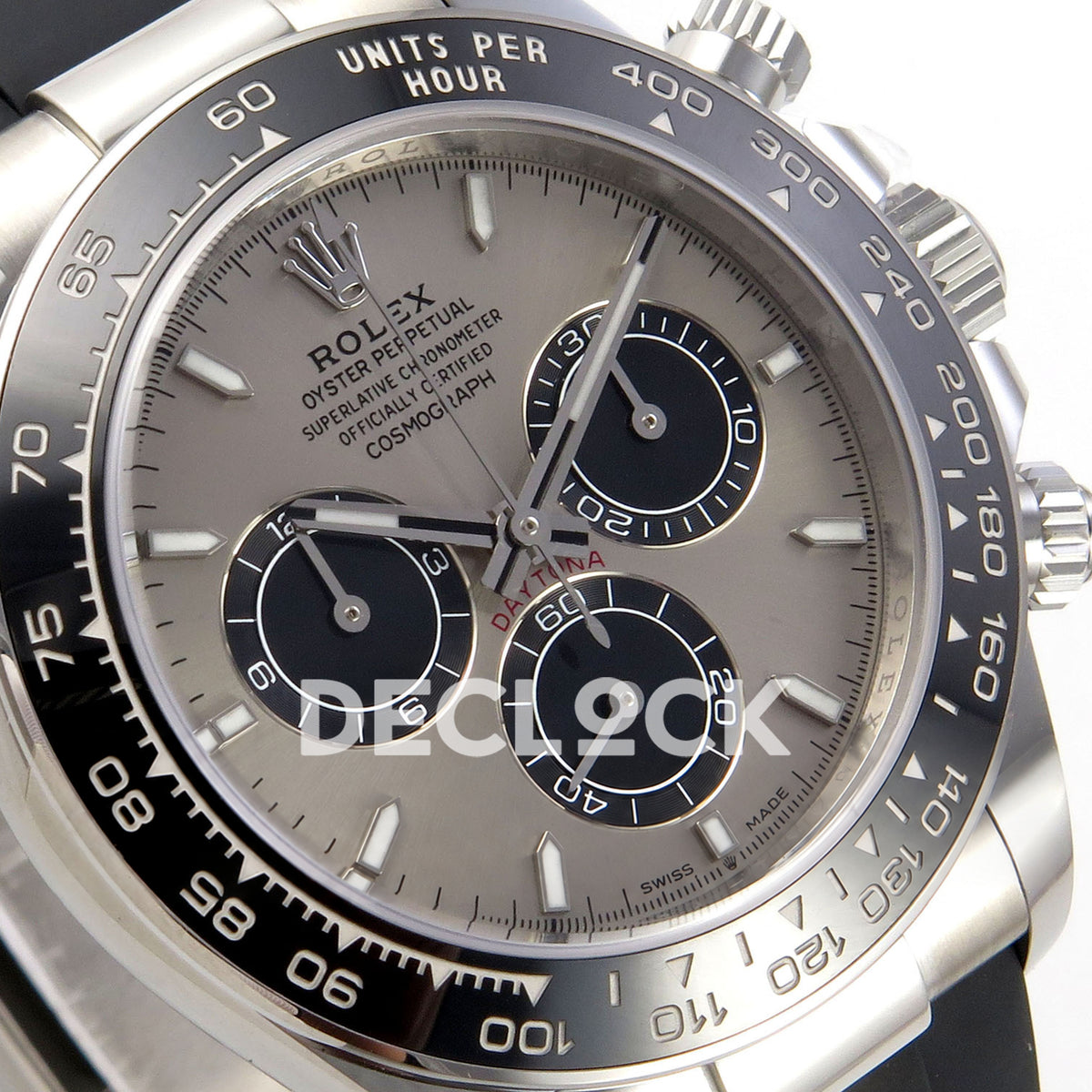 Rolex Daytona 126519 WF JH4131 grey black dial white-gold-style replica - angled grey dial and black chronograph subdials close-up