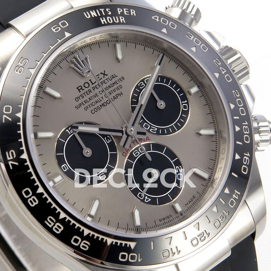 Rolex Daytona 126519 WF JH4131 grey black dial white-gold-style replica - angled grey dial and black chronograph subdials close-up