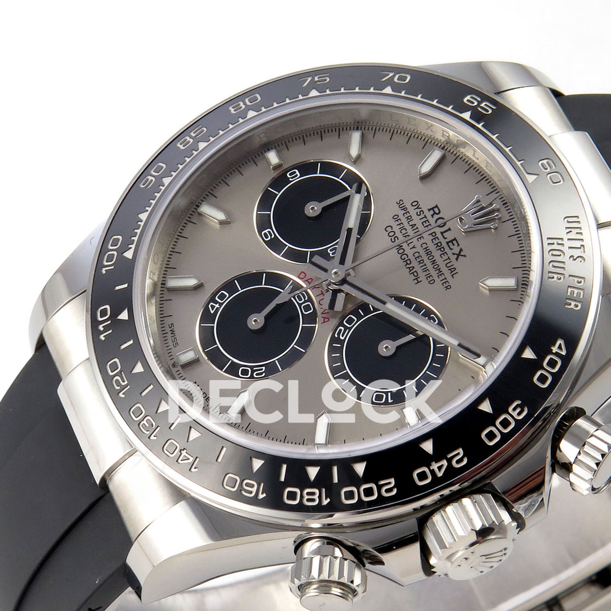 Rolex Daytona 126519 WF JH4131 grey black dial white-gold-style replica - horizontal dial detail with luminous markers and black chronograph subdials